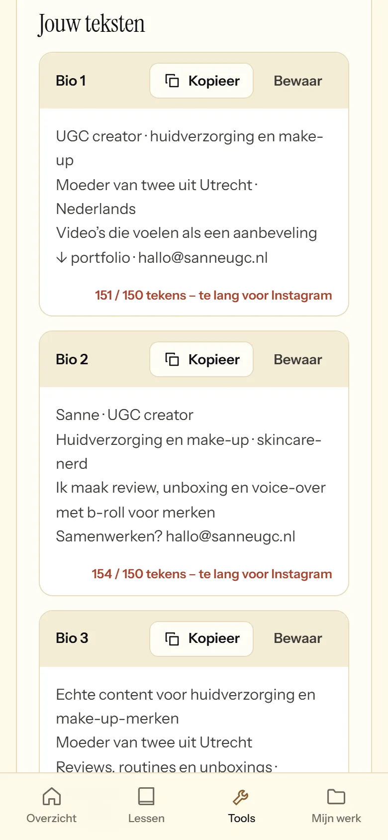 Bio-maker met drie bio's en tekenteller