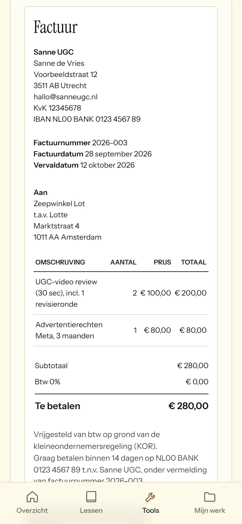 Factuurmaker met voorbeeld van een factuur